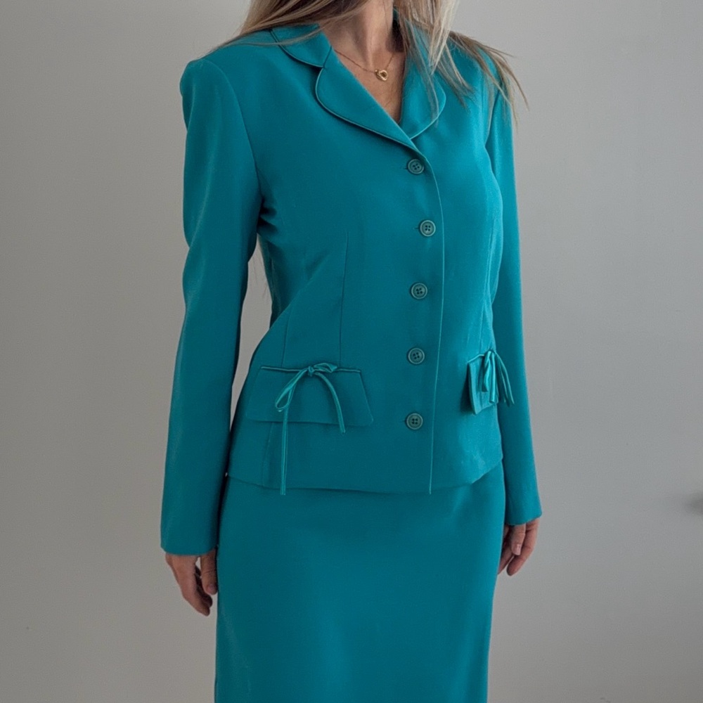 Vintage Courtenay Tiffany Blue Skirt Suit Set Y2K Bow Pocket Detail Size M - Picture 2 of 3
